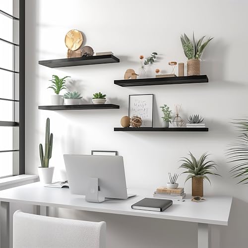 YYWUOJJ Wood Floating Shelves for Wall Decor, Rustic Wall Shelves for Bedroom Bathroom Kitchen Living Room, Set of 4 Black 24 Inch - Image 6
