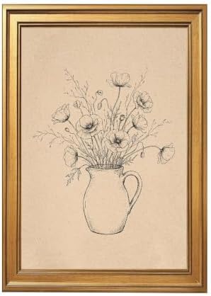 Gold Vintage Framed Floral Pitcher Wall Art, Botanical Line Drawing Print by Unknown