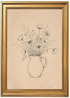 Gold Vintage Framed Floral Pitcher Wall Art, Botanical Line Drawing Print by Unknown