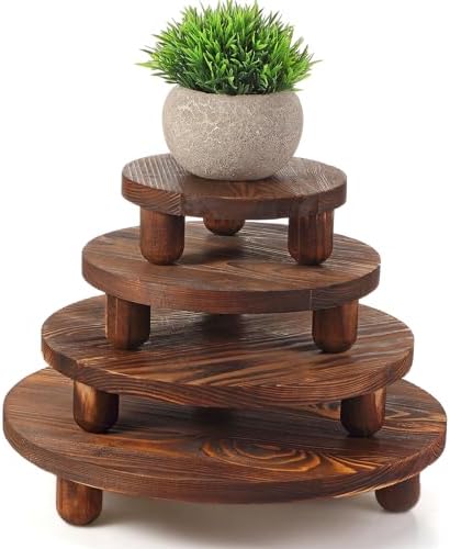 Sintuff 4 Pack Mini Wooden Plant Stool Display Wood Cake Stand 12/10/8/6 Inch Round Plant Risers Holder for Flower Pot Wooden Stool Indoor Outdoor Wood Stand(Dark Brown) by Sintuff