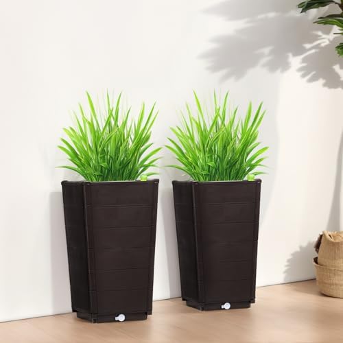 Large Resin Plant Pots,Tall Planter Outdoor Indoor,2 Pack Outdoor Tall Plastic Planter Set, Large Flower Pots with Drainage Holes, for Porch Entryway Patio Yard Garden, Dark Brown - Image 5