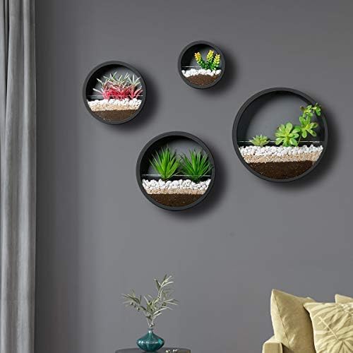 Pack of 4 Round Wall Planters Hanging Metal Plant Containers Circle Plant Holder Contemporary Morden Circle Iron Vase for Succulents or Herbs Cactus and More (Black) by EssenceLiving