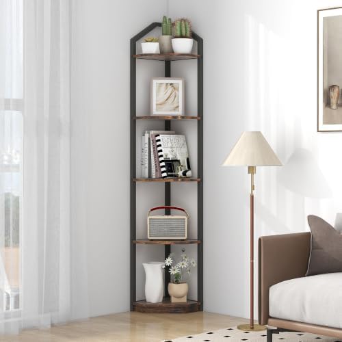 Fun Memories 5 Tier Corner Shelf, 70” Corner Shelf Stand, Corner Bookshelf Plant Stand, Storage Shelf for Bathroom, Living Room, Kitchen,Home Office, Brown - Image 2