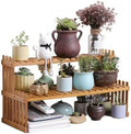 GURECOD 22.8" 2 Tiers Bamboo Plant Stand Shelf,Desk Flower Pot Holder,Adjustable Desktop Shelf Display Organizer Ladder Rack for Office Decorate Desk Shelving Storage Rack,Kitchen Rack (22.8" Length) by GURECOD