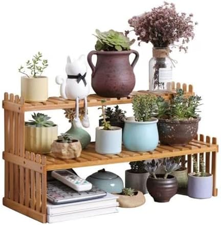 GURECOD 22.8" 2 Tiers Bamboo Plant Stand Shelf,Desk Flower Pot Holder,Adjustable Desktop Shelf Display Organizer Ladder Rack for Office Decorate Desk Shelving Storage Rack,Kitchen Rack (22.8" Length) by GURECOD
