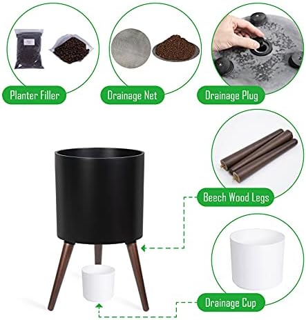 D'vine Dev 12 Inch Planter Pot with Wood Stand, Black, 88-O-C-2 - Image 4