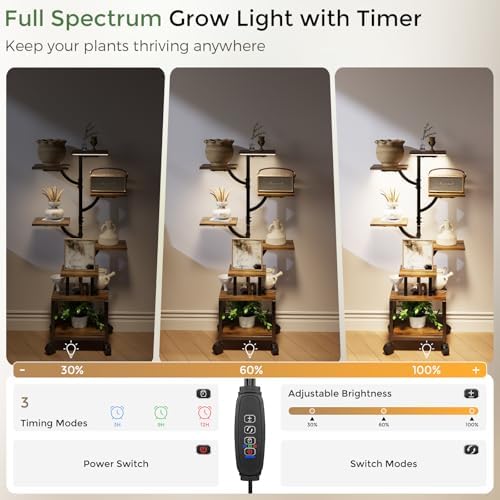 Plant Stand Indoor with Grow Lights - 7-Tier Plant Stand with Wheels, Tall Metal and Wood Indoor Plant Shelf with Tree Design, Rolling Flower Pot Holder Rack with Waterproof Finish, Adjustable Display Stand for Home Garden, Patio, 41" Tall - Image 5