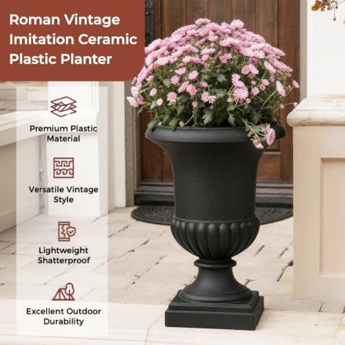 24.4" H Roman Urn Planter, Lightweight Matte Black Plastic Flower Pot - Image 2