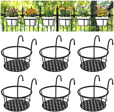 CADANI Iron Hanging Plant Holder Over The Rail Metal Fence Planters, Hanging Bucket Flower Pot Holder for Patio Balcony Outdoor Plants - Pack of 6 (Black) by CADAINPlantStandOutdoor