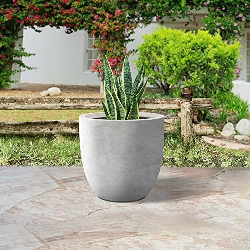 Round Concrete/Fiberglass Indoor & Outdoor Lightweight Decorative Plant Pots with Drainage Hole, Single Planter, 13.3" L, Natural Concrete - Image 2
