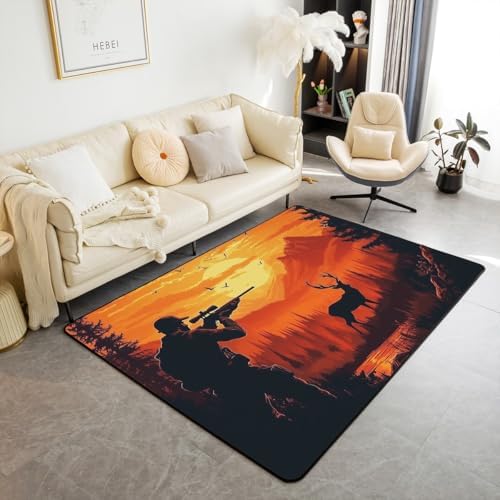 Erosebridal Hunter Shotgun Deer Area Rug 6'6" x 4'11" Hunting Woodland Sunset Living Room Rugs Bird Nature Plants Decorative Carpet Elk Red Orange Indoor Floor Mat by Erosebridal