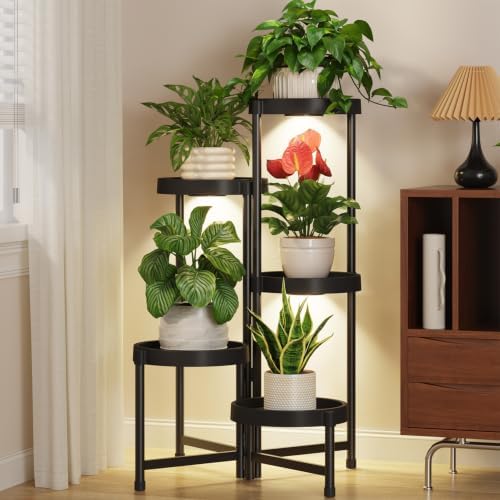LASZOLA 5 Tiered Plant Stand Indoor with Grow Lights, Corner Folding Tall Flower Display Rack with Plastic Tray, Modern Plant Holder Shelf for Outdoor Patio Porch Garden Office Living Room, Black by LASZOLA