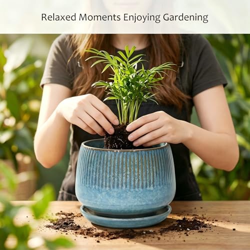 7.5 Inch Ceramic Planter with Saucer,Modern Garden Pots with Drainage Hole Mesh Net, for Indoor Outdoor Use (Crackle Blue) - Image 5