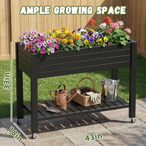 Vixzen Raised Garden Bed Planter Box Elevated Resin Outdoor Plant Stand with Wheels Drainage Water Gauge Storage Shelf Legs Gardening Patio(Black) - Image 3