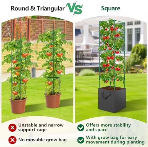 3 Pack Tomato Cage for Garden, Upgraded Fiberglass Garden Trellis with 3 PCS Grow Bags, Square Tomato Planter Support Garden Cages for Cucumber Vegetables Vertical Climbing Plants - Image 4