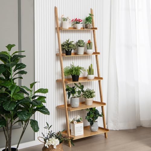Tangkula 5-Tier Ladder Shelf Bookcase, Bamboo, 72”H, Natural - Image 2