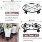 3 Packs 13.5" Metal Plant Caddy with Wheels Large Rolling Plant Stands Indoor Wheeled Plant Dolly Heavy-duty Planter Mover Roller Base Outdoor Plant Trolley Cart Water-proof, Plant Saucers on Wheels - Image 2