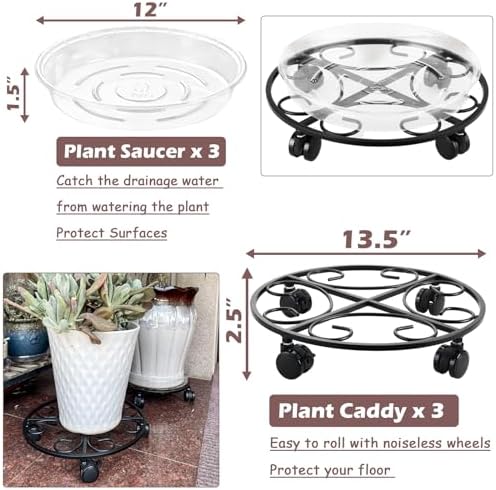 3 Packs 13.5" Metal Plant Caddy with Wheels Large Rolling Plant Stands Indoor Wheeled Plant Dolly Heavy-duty Planter Mover Roller Base Outdoor Plant Trolley Cart Water-proof, Plant Saucers on Wheels - Image 2