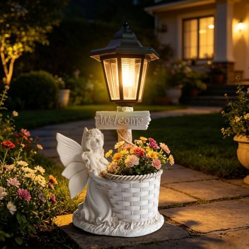 Solar Angel Fairy Garden Outdoor Statues with Solar Lantern and Flowerpot Welcome Sign Decor Angel Figurines Sculptures Resin Outdoor Statues for Patio Yard Lawn Mom Grandma Gifts by Unknown