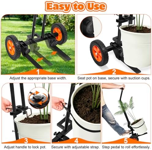 Plant Caddy with Wheels, Heavy Duty Plant Dolly Caddy Cart, 175LBS Plant Mover Cart with Adjustable Grabbing Arm, Strap, Suction Cups for Garden Courtyard Office Indoor Outdoor Pots Use, Black - Image 3