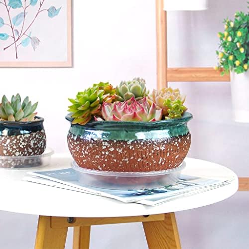 8 Inch Glazed Terracotta Plant Pot Round Ceramic Succulent Planter Pot with Drainage and Saucer Cactus Clay Pot Bonsai Pot (Dark Green Rim) - Image 4