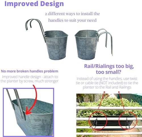 LaLaGreen Boho Rail Planter (16 in, 4 Pack) Silver Metal Fence Flower Pots - Image 3