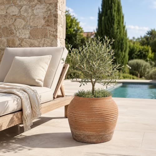 12"H x 14" Dia Distressed Terracotta Planter Pot with Drainage Hole, Vintage Ribbed Clay Pot Look, Rustic Decorative Large Indoor Outdoor Flower Pot for Patio, Porch, Garden, Entryway Farmhouse Decor - Image 5