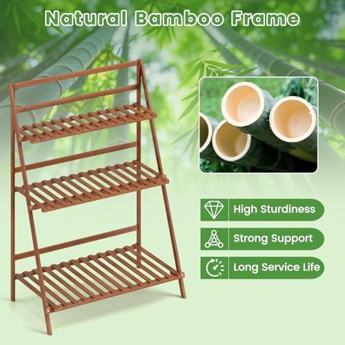HAPPYGRILL 3-Tier Plant Stand Indoor, Folding Flower Pot Display Shelves with Anti-falling Crossbar & Non-slip Feet, Tall Plant Shelf for Patio Garden Balcony Living Room Outdoor - Image 4