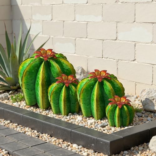 KODIBO Metal Cactus Yard Art, 4-Pack Artificial Barrel Cactus with Flower - Image 5