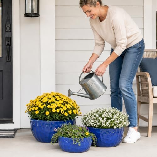 15" Ceramic Plant Pots Set of 3, Glazed Ceramic Flower Pots, Antique Blue - Image 6
