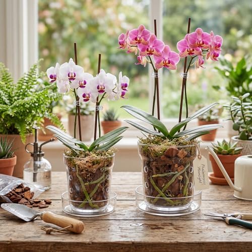 Baderke 2 Pcs Orchid Pot with Drainage Holes and Tray Transparent Glass Pot Planter for Orchids Flower Repotting Anti Slip Glass Plant Vase for Indoor Outdoor Home Decor (4 Inch + 6 Inch) - Image 3