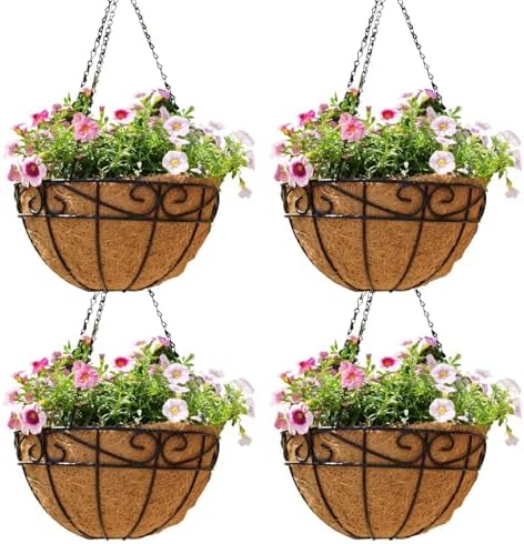 EIMQUVW Outdoor Metal Hanging Planters Basket (4pack, 14 inch) Hanging Baskets for Plants Chain Round Wire Plant Holder with Coco Fiber Liners for Garden, Patio, Deck, Porch(Flower Border) by EIMQUVW