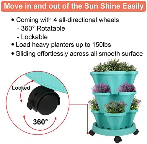 GameXcel Vertical Planter Tower - 3 Tier Stackable Garden Planters with Wheels and Tools Plant Pots for Strawberry Herb Flower and Vegetable Indoor Outdoor Use Teal 2 Pack - Image 6