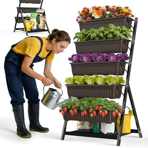 5-Tier Vertical Garden Bed Planter Boxes with Drainage System & Storage Space, Freestanding Vertical Garden Planter with 5 S-Hooks for Plants Vegetables Flowers Herbs in Garden Patio Yard by Unknown