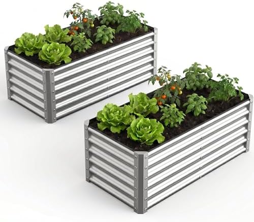 2 Pack Galvanized Raised Garden Bed Kit, Large Rectangular Metal Oval Raised Garden Beds, Outdoor Deep Root Box Planter for Gardening, Vegetables, Flowers, Herbs (4x2x1.5FT, Silver) by Unknown