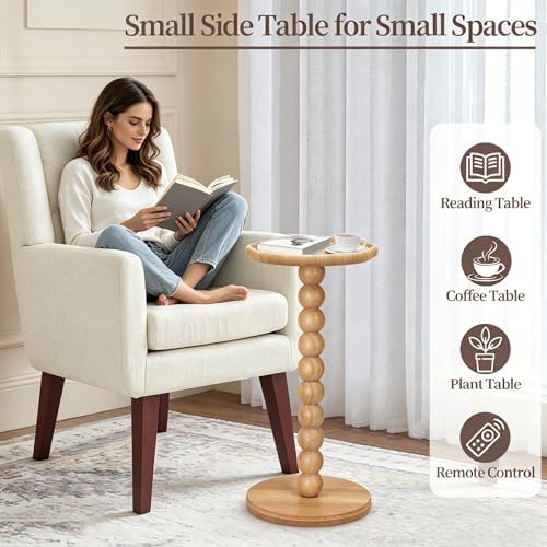 Drink Table, Boho Rattan Flower Small Side Table for Small Spaces, Solid Wood Modern Nightstand for Living Room, Bedroom, Farmhouse, Corners - Image 4