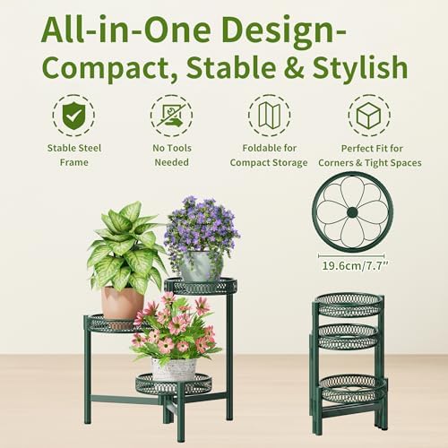 Plant Stand Indoor Outdoor, 3 Tier Corner Metal Flower Display Holder Shelf, Folding Tall Plant Rack for House Patio Balcony Porch Garden Living Room, Heavy Duty Anti-Rust Wrought Iron - GreenFlower - Image 5