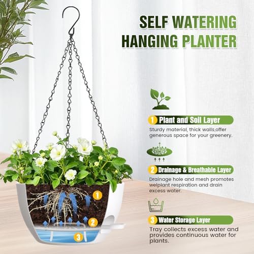 13 Inch Large Self Watering Hanging Planters 2 Pack with Saucers - Image 6