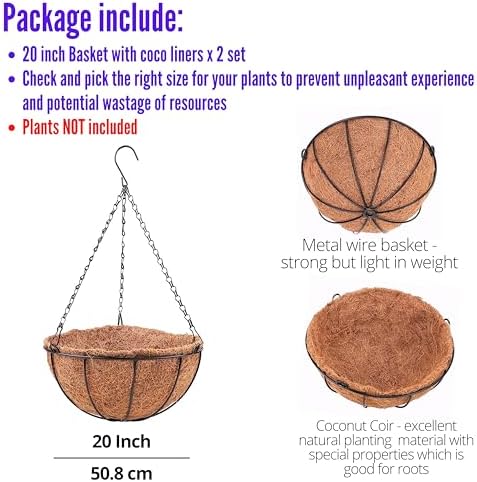 LaLaGreen Hanging Baskets for Plants (20 in, 2 Pack) Coco Liner Flower Pots - Image 2