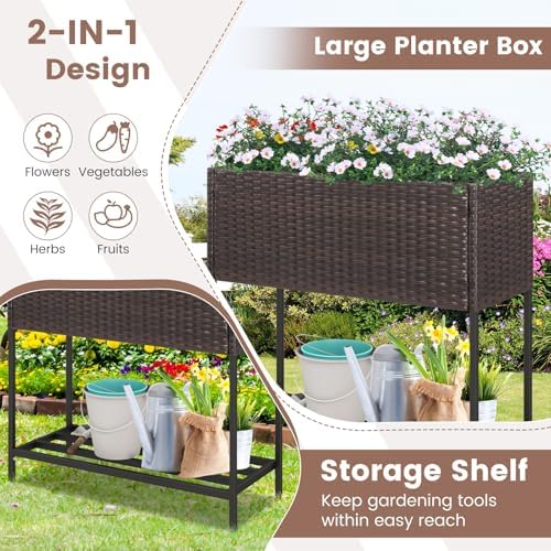 LDAILY Elevated Raised Garden Bed with Legs, Outdoor Planter Box with Storage Shelf & Drainage Gap for Vegetables, Flowers & Fruits, Heavy Duty Rattan Garden Planter for Yard, Patio & Balcony, Brown - Image 2
