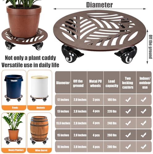 1-Pack Large Metal Plant Caddy with Wheels 16 Inches Heavy-duty Rolling Plant Stands with Casters Wheeled Flower Pot Mover Rollers Rust-proof Iron Planter Dolly Coasters for Indoor Outdoor Use - Image 3