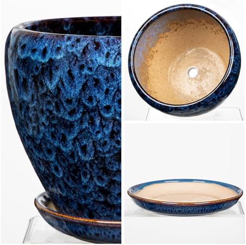 Hollyone 9+7 Inch Ceramic Planter Set of 2 Blue Ceramic Plant Pot for Plants Flowers with Drainage Hole and Saucers Ceramic Glaze Round Plant Pot Indoor Outdoor Large Succulent Orchid Flower Pot - Image 3