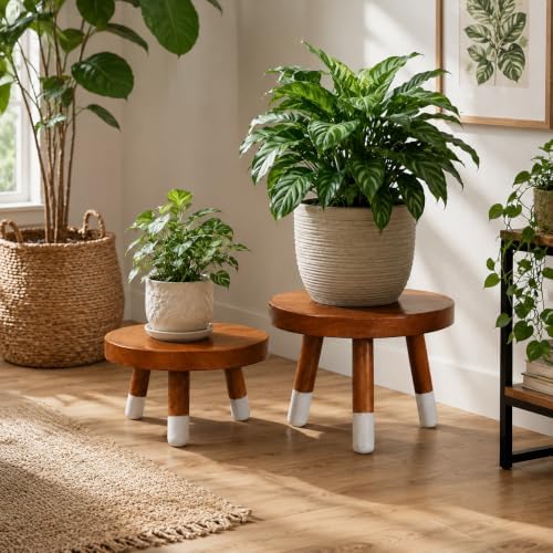 2 Pack 9" Teak Wood Plant Stands for Indoor Plants, Mid-Century - Image 5