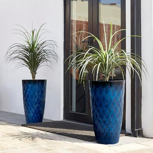 Glitzhome 23.75" H Tall Outdoor Planter, Set of 2 Wavy Texture Cobalt Blue Large Outdoor Planters, with Drainage Hole, Plastic Large Round Decorative Flower Plant Pot for Front Porch, Indoor - Image 6
