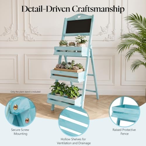 Folding Plant Stand, 3-Tier Ladder Flower Rack Solid Wood Foldable Plant Shelf Indoor Outdoor Flower Pot Display Rack with Chalkboard, Freestanding Tiered Plant Rack for Garden Patio Balcony (Blue) - Image 6