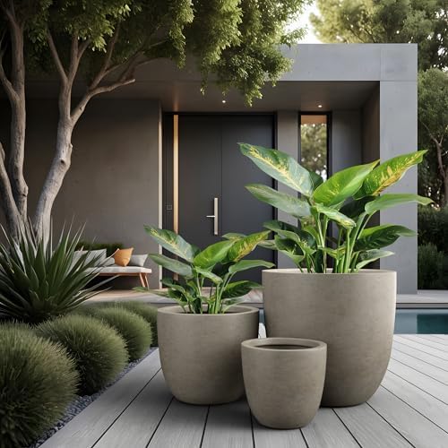 Kante Round Concrete Planter Set of 3, Large Outdoor Indoor Plant Pots with Drainage Hole, 10/14/18-Inch Diameter Flower Pots for Patio, Garden and Home, Weathered Concrete - Image 5