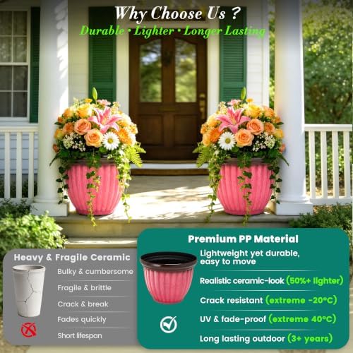 15" Large Planters for Outdoor Plants Set of 2 Plastic Flower Pots - Image 4