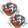 Hananona 2 Set Artificial Outdoor Flowers with Hanging Basket, 2 Hanging Planters with 24 Pcs Patriotic Flowers for Summer Front Porch Patio 4th of July Decor (Red, White, Blue) by HANANONA