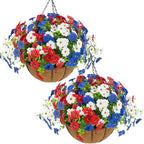 Hananona 2 Set Artificial Outdoor Flowers with Hanging Basket, 2 Hanging Planters with 24 Pcs Patriotic Flowers for Summer Front Porch Patio 4th of July Decor (Red, White, Blue) by HANANONA