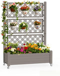 Mobile Garden Planter with Trellis & Lockable Wheels, Outdoor Raised Bed with Drainage & Water Gauge, Weather-Resistant Resin for Patio, Balcony, Yard, Dust-Resistant (Grey, 43.43*18.27*64.29) by EASYUP